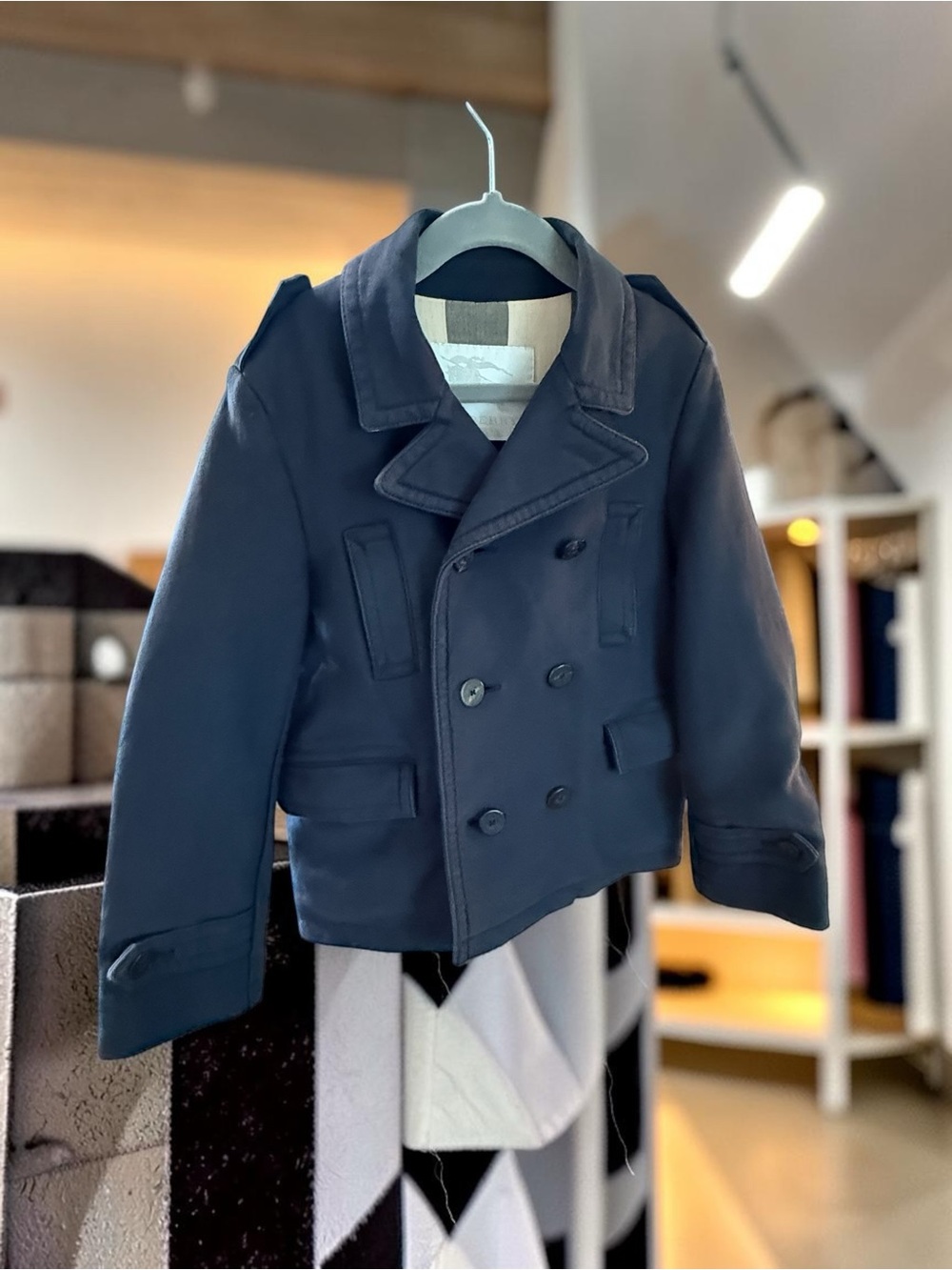 Burberry Children Navy Peacoat 6Y Double Breasted Nova Check Lined Winter Coat
